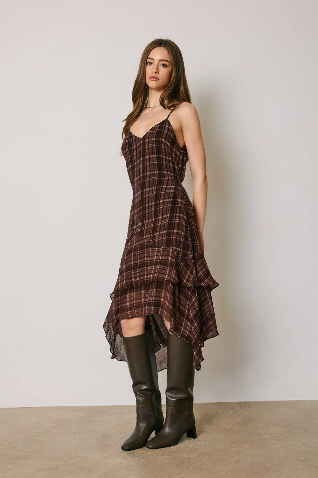 Plaid Asymmetrical Ruffle Tiered Midi Dress