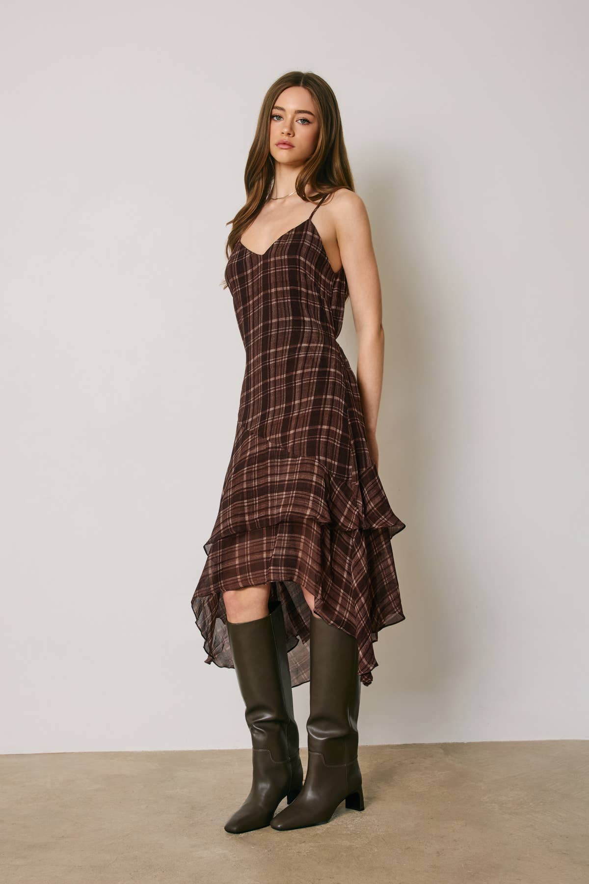 Plaid Asymmetrical Ruffle Tiered Midi Dress