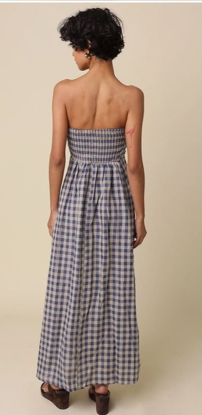 Gingham Strapless Linen  Dress|7640