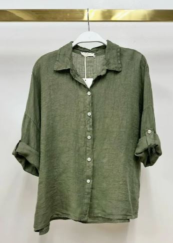 Button Down  Linen Top olive|7839