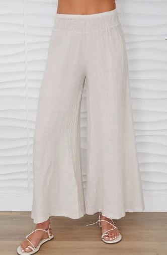 Linen Smocked Waist Palazzo Pant beige|7845