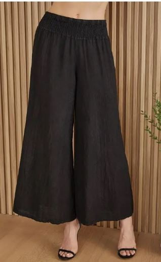 Linen Smocked Waist Palazzo Pant black|7846