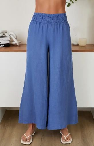 Linen Smocked Waist Palazzo Pant denim blue|7847