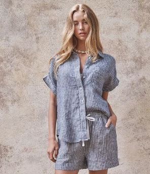 Linen Short Sleeve Button-Down Shirt|7867