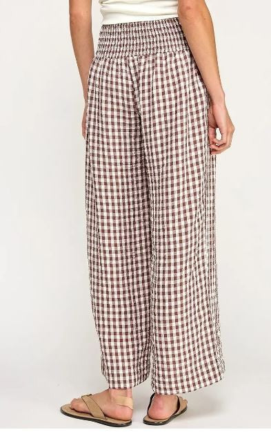 Gingham Linen Wide Leg Pants-Brown|8053