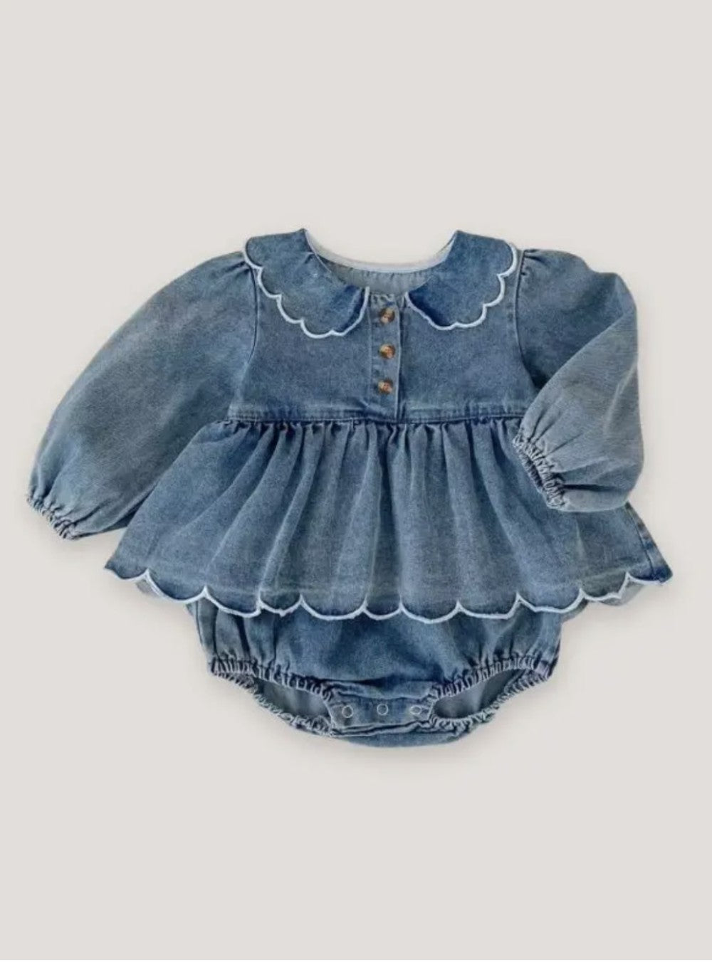 Cotton Denim Scalloped Bubble Romper|8356