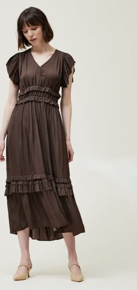 Satin V- Neck Dress roast|6288