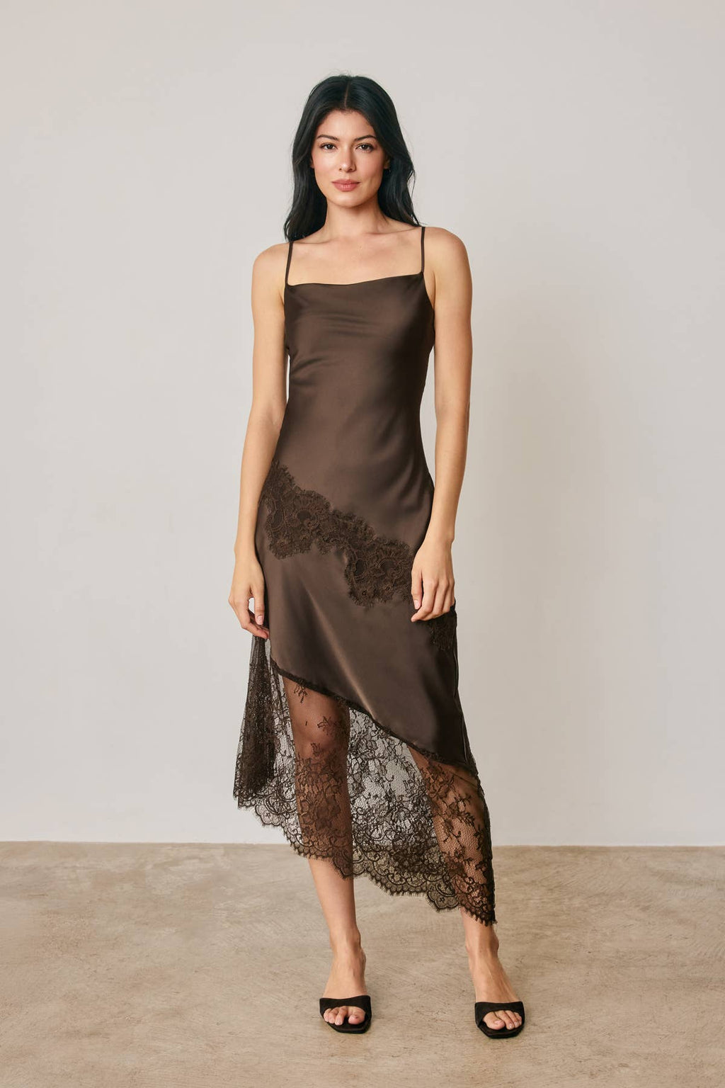 Asymmetrical Lace Trim Midi Slip Dress