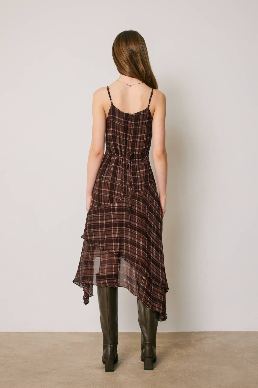 Plaid Asymmetrical Ruffle Tiered Midi Dress