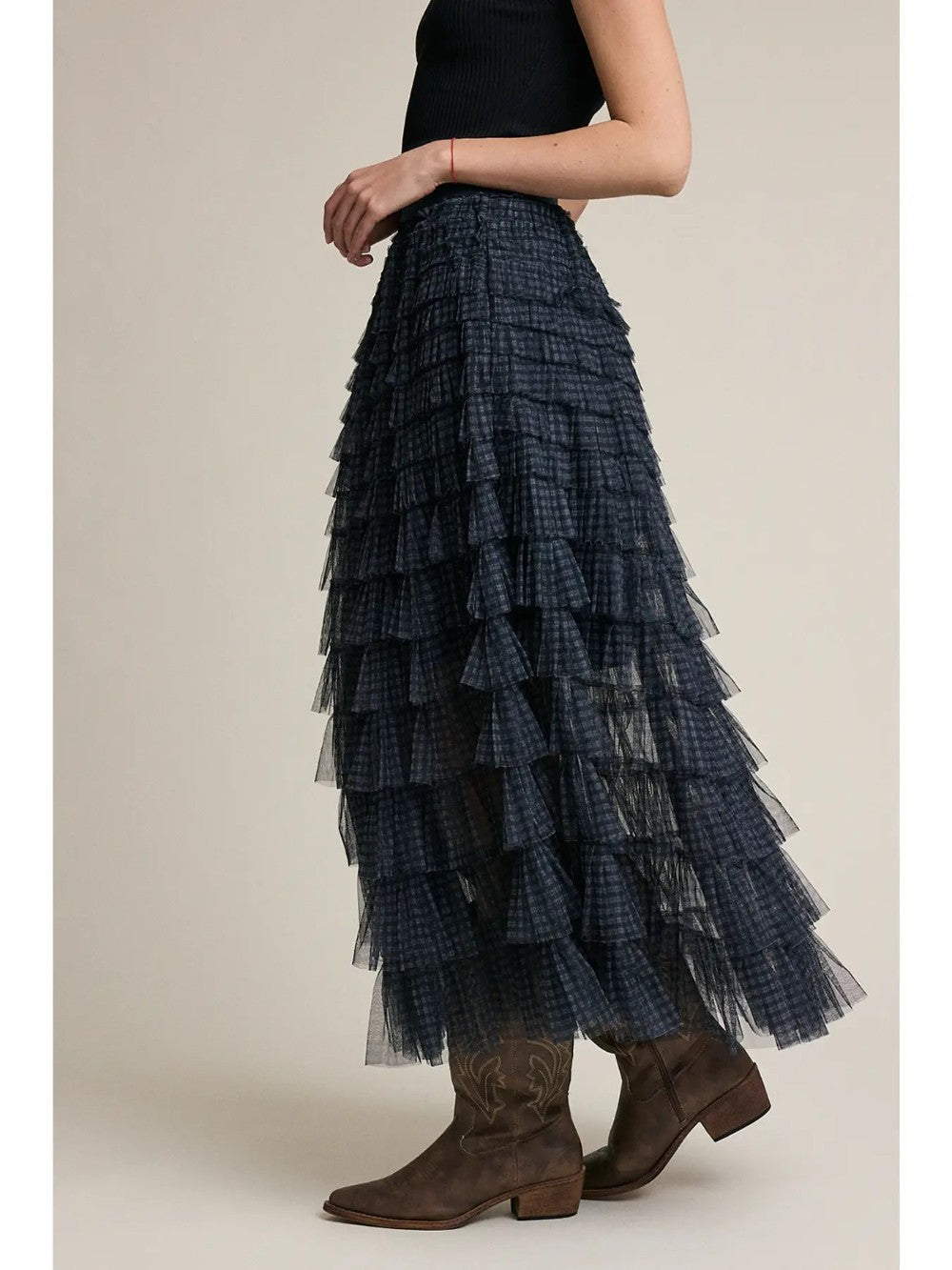 Plaid Mesh Ruffle Skirt|8078