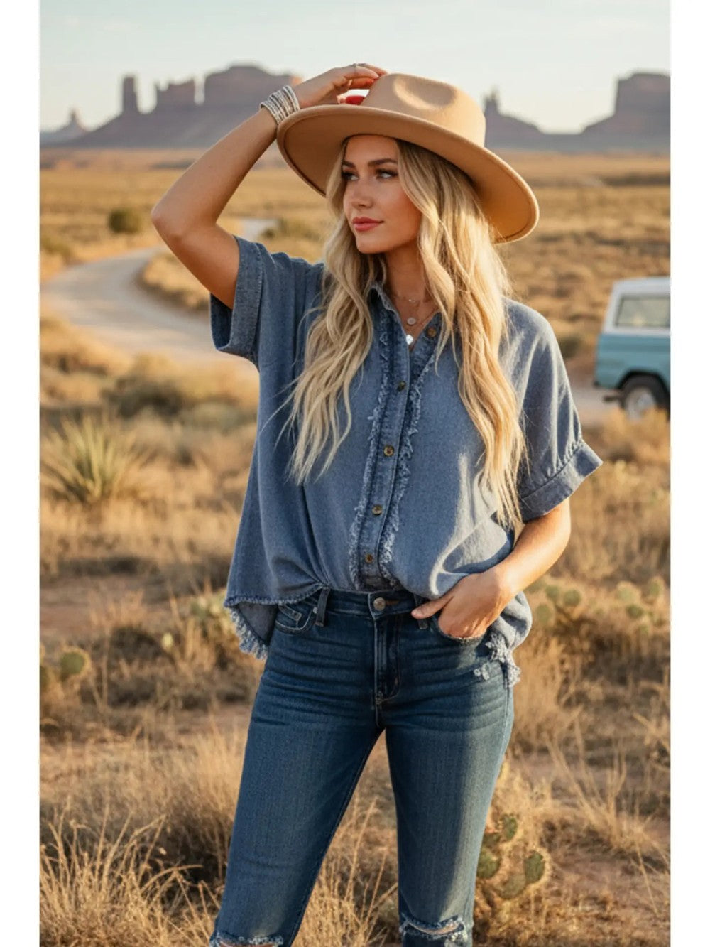 Frayed Trim Denim Top|7899