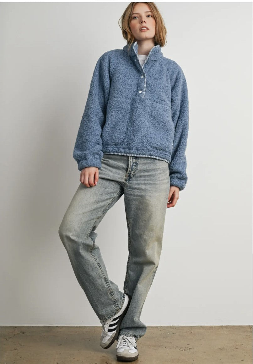 Blue Gingham Trim Fleece Pullover|8409