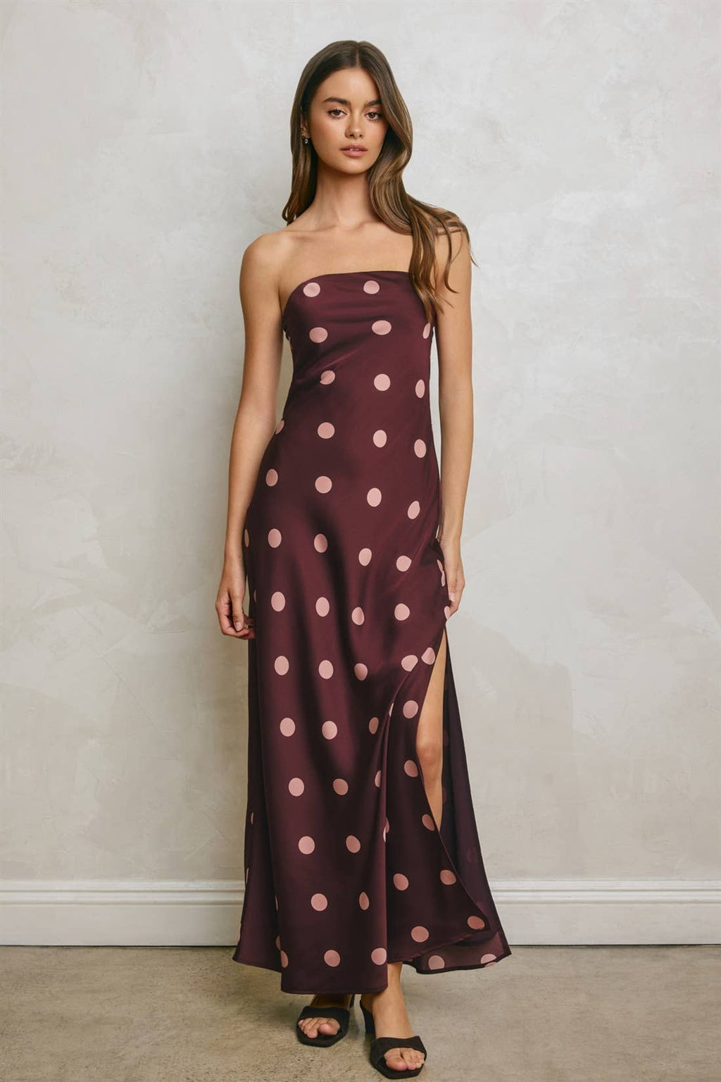 Polka Dot Satin Strapless Maxi Dress