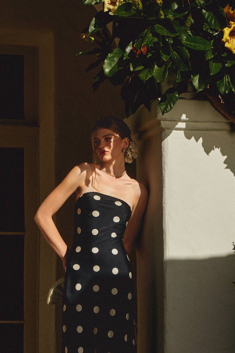 Polka Dot Satin Strapless Maxi Dress