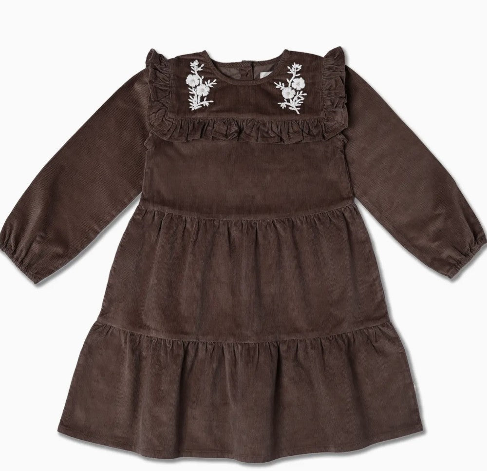 Organic Embroidered Corduroy Dress - Dark Brown|6502