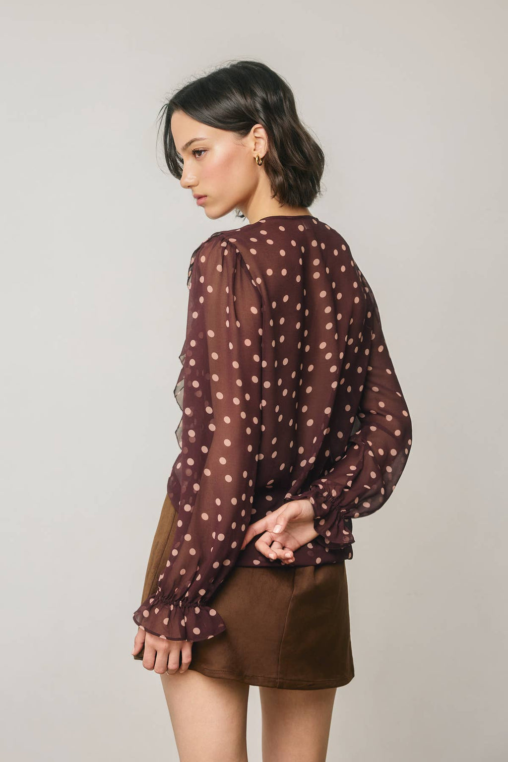 Polka Dot Lace Up Ruffled Blouse