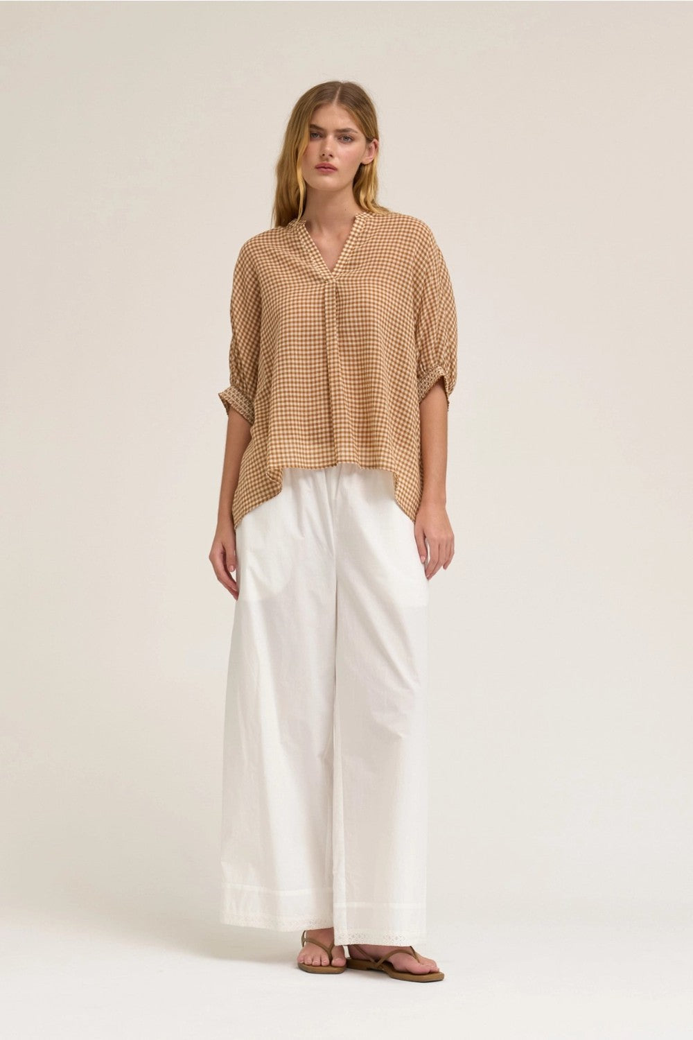 Gingham Smocked Cuff Blouse|7774