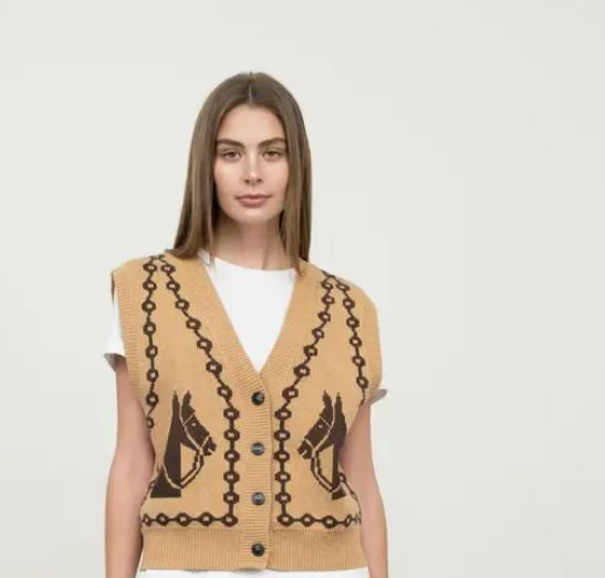 Jacquard Horse V-Neck Sleeveless Knit Vest|6280