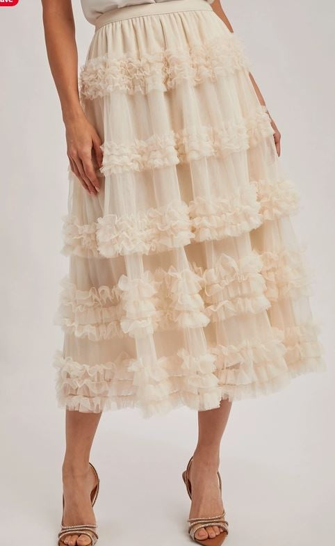 Ruffle Tiered Tulle Midi Skirt cream|6340