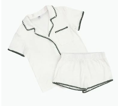 Short Bamboo Pj Set - White + Forest Green|7046