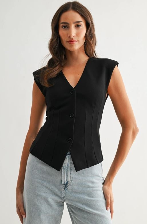 Black Tailored Sleeveless Vest|7198