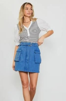 Stretch Denim Cargo Mini Skirt|7297