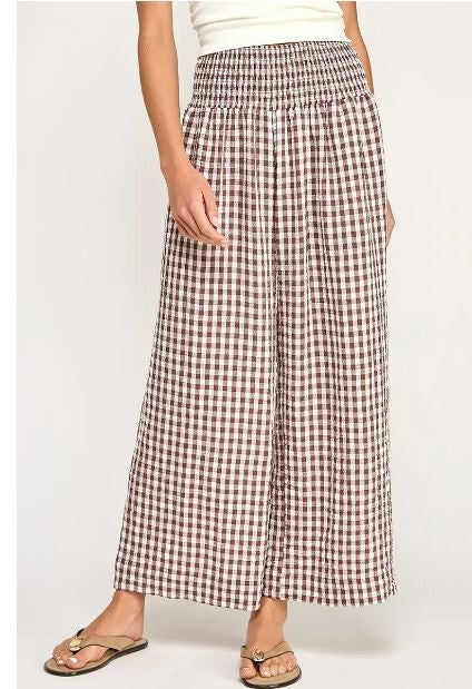 Gingham Linen Wide Leg Pants-Brown|8054
