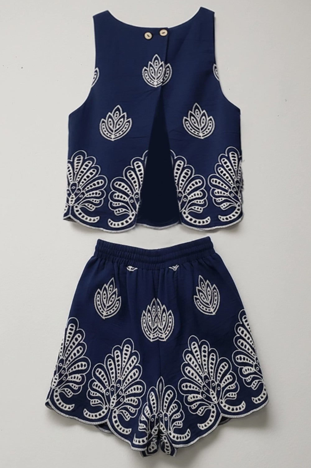 Navy Embroidery Short Set|7893