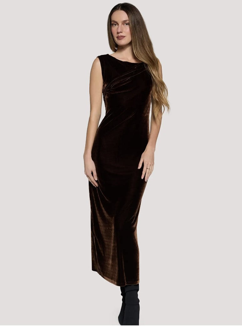 Brown Scoop Neck Velvet Midi Dress|8358