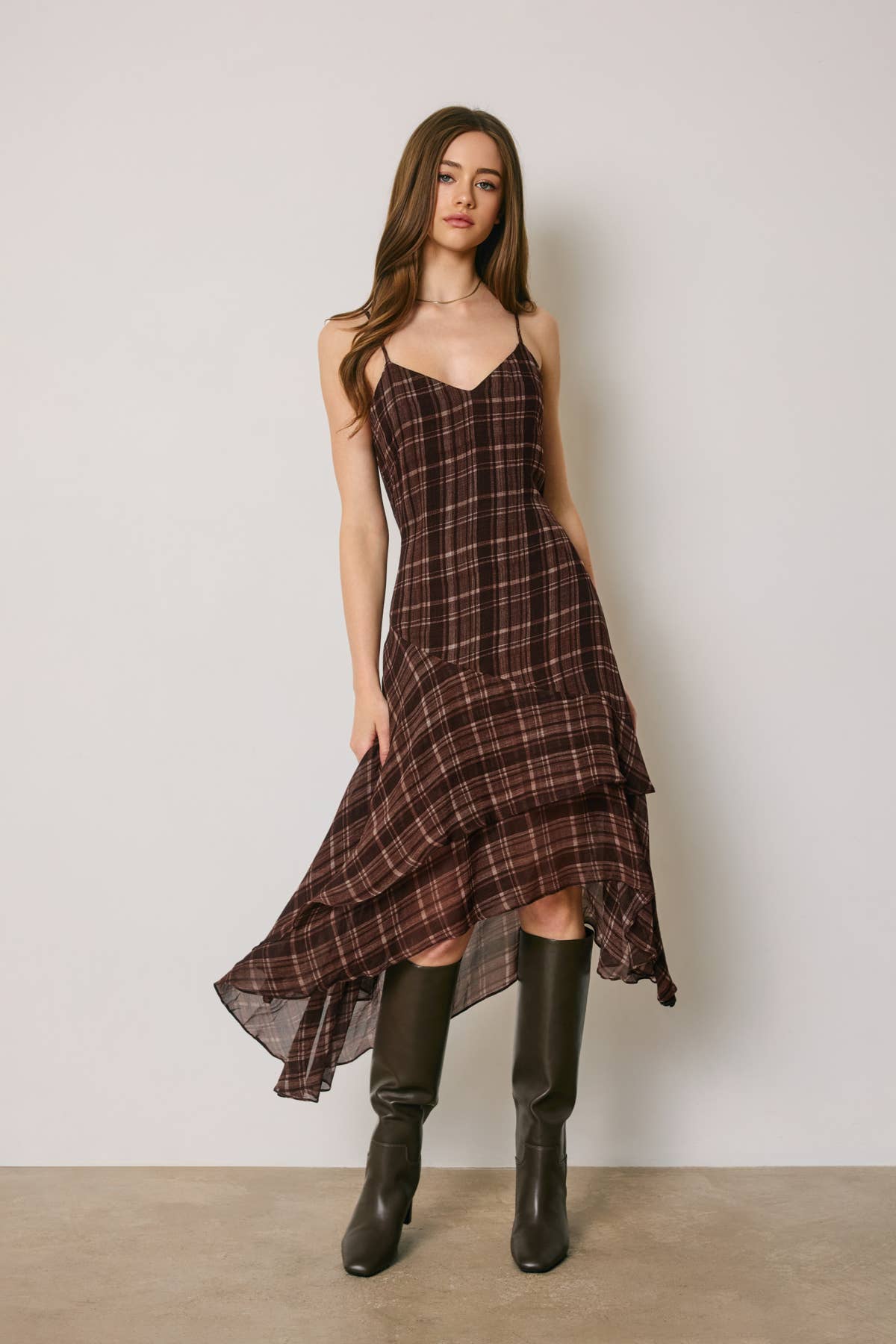 Plaid Asymmetrical Ruffle Tiered Midi Dress