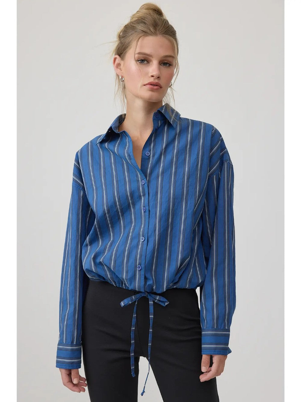 Striped Drawstring Button-Up|7995
