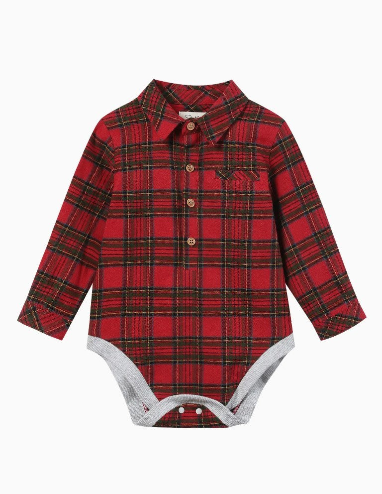 Red Plaid Button Up Onsie|8309