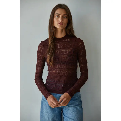 Lace See Through Burgundy Long Sleeve|6703