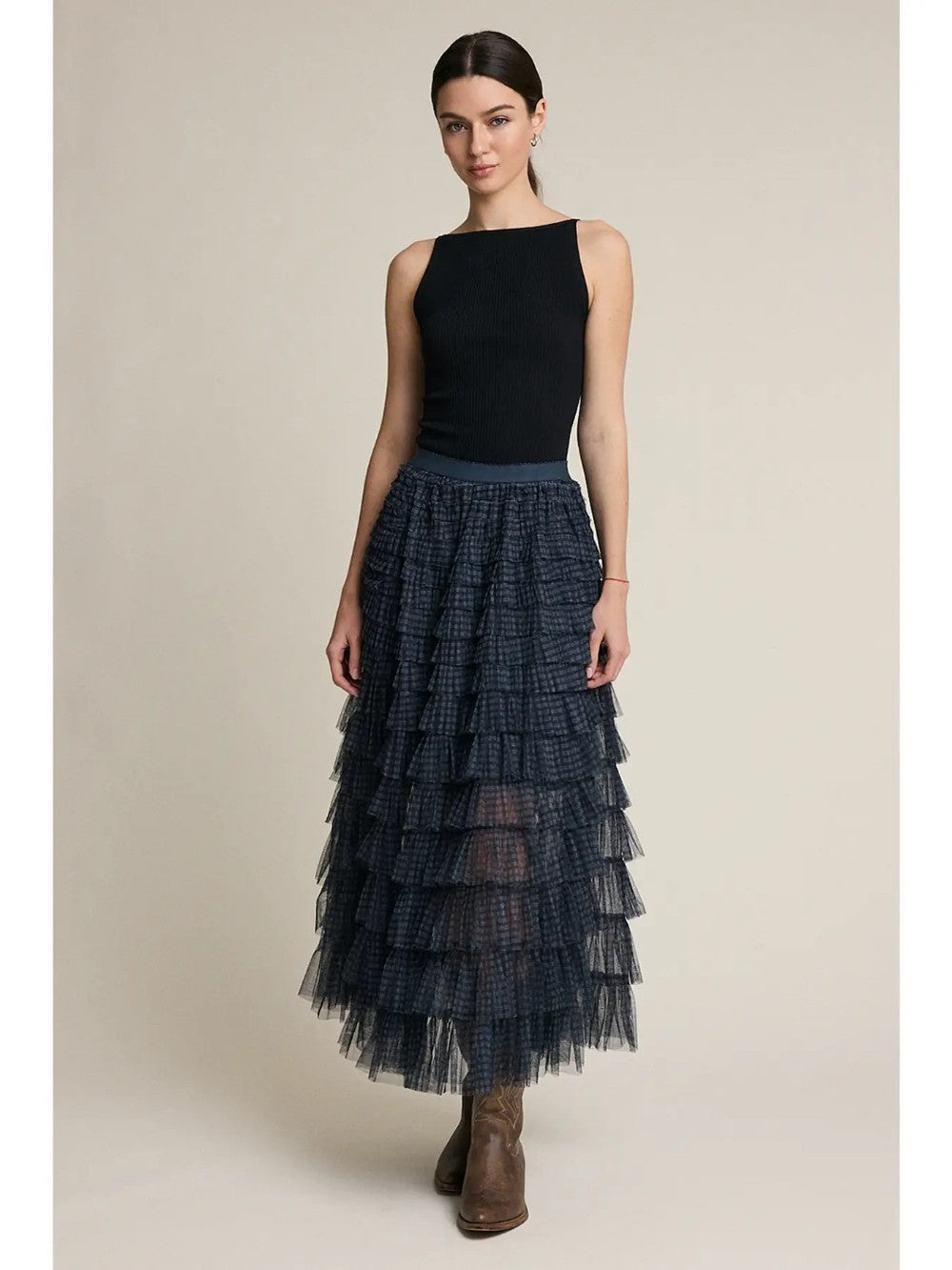 Plaid Mesh Ruffle Skirt|8077