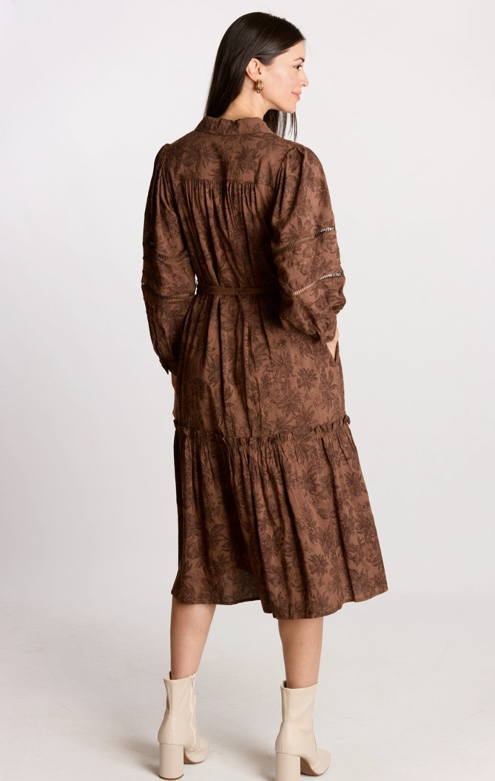 Eyelet Trim Puffed Long Sleeve Dress|8256