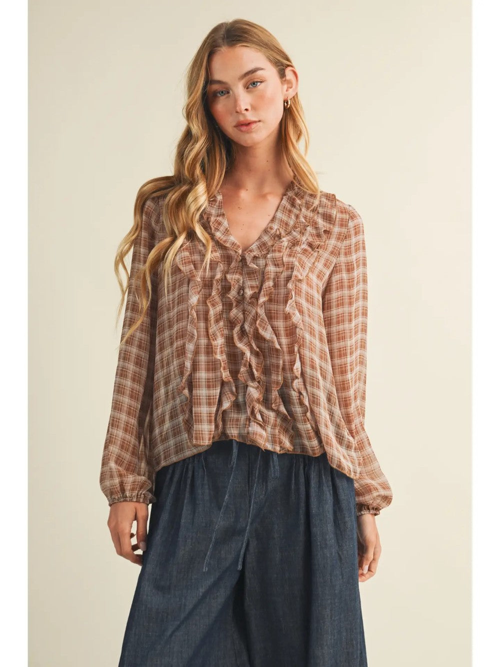 Ruffle Plaid Georgette Blouse|8086