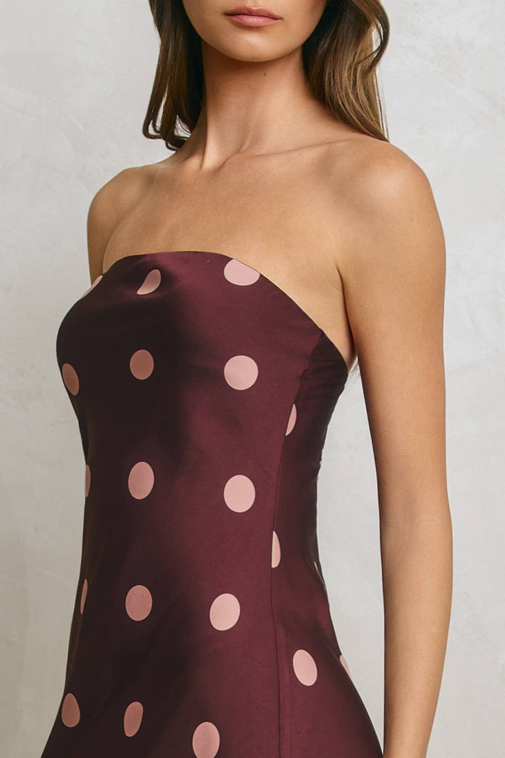 Polka Dot Satin Strapless Maxi Dress