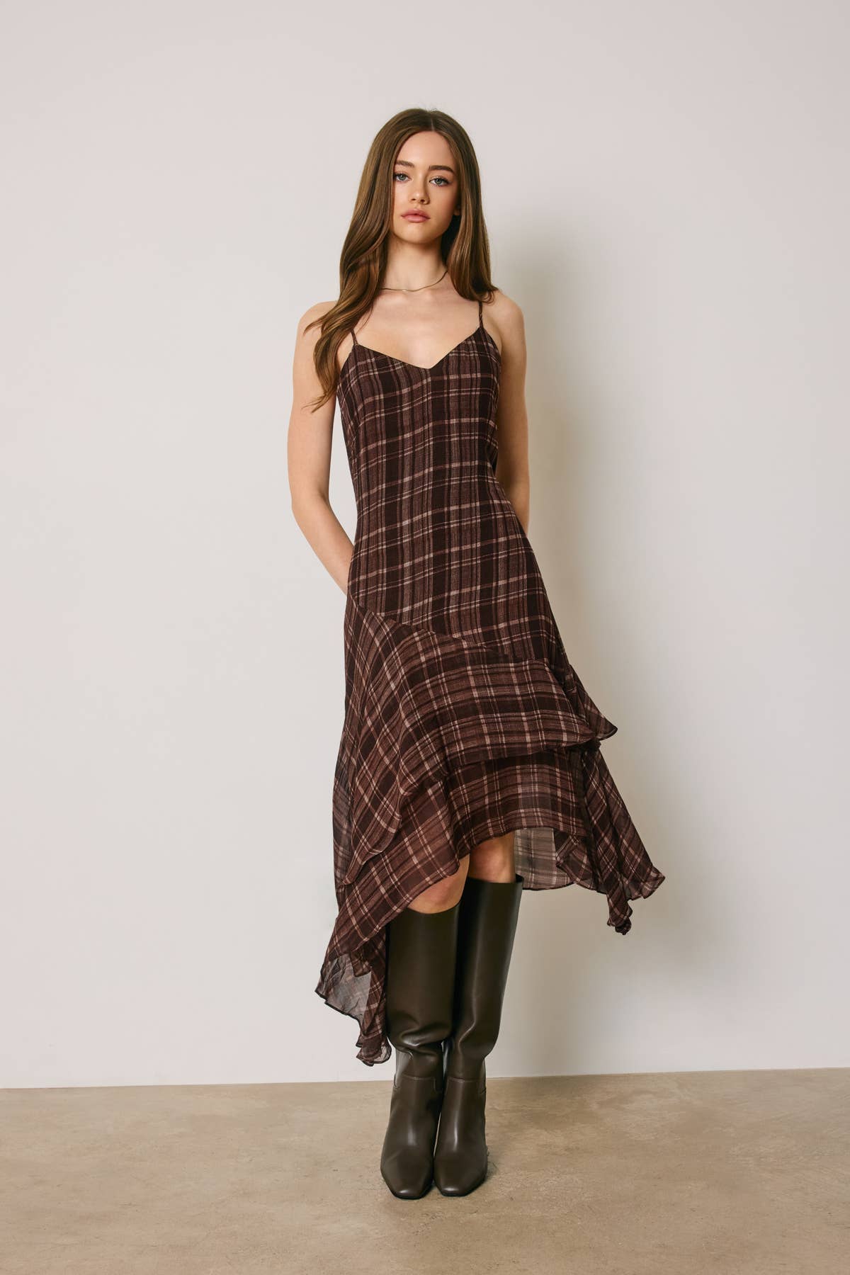 Plaid Asymmetrical Ruffle Tiered Midi Dress