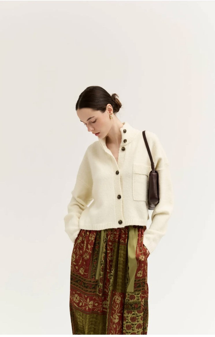 Ivory Funnel Neck Crop Cardigan|8396