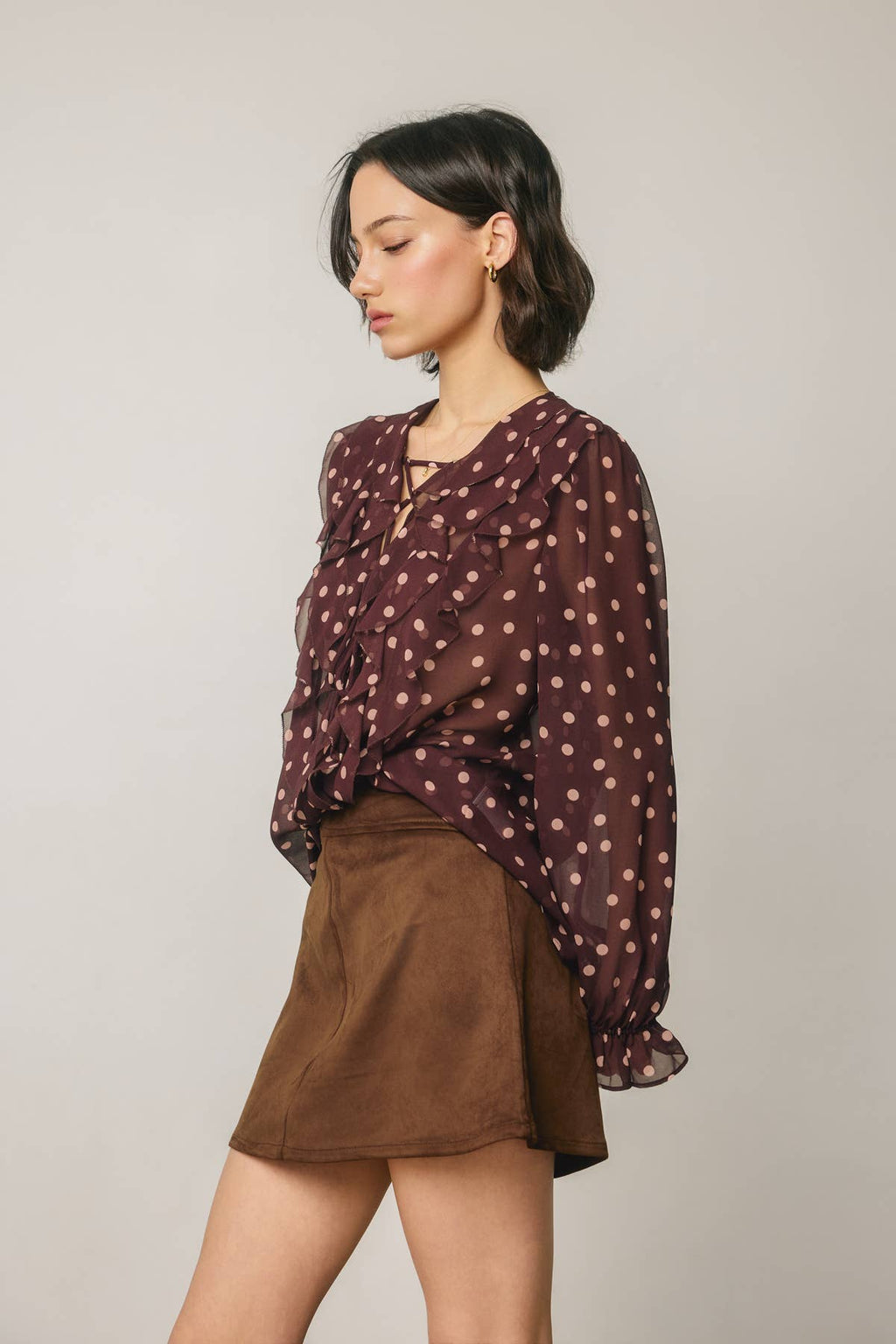 Polka Dot Lace Up Ruffled Blouse