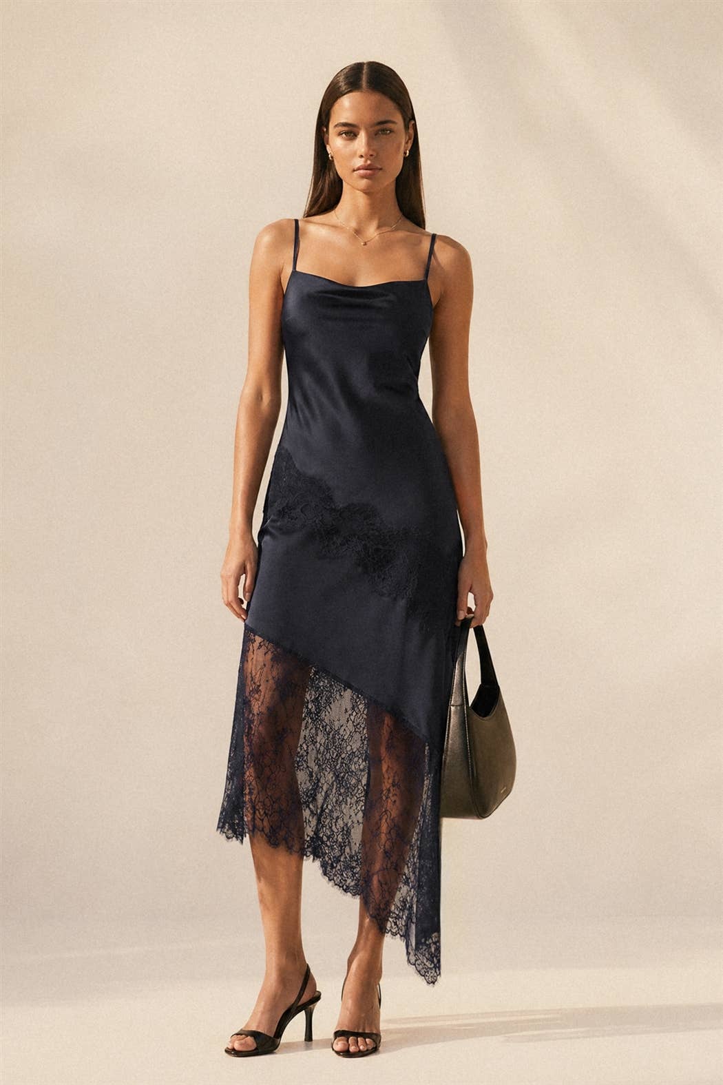 Asymmetrical Lace Trim Midi Slip Dress