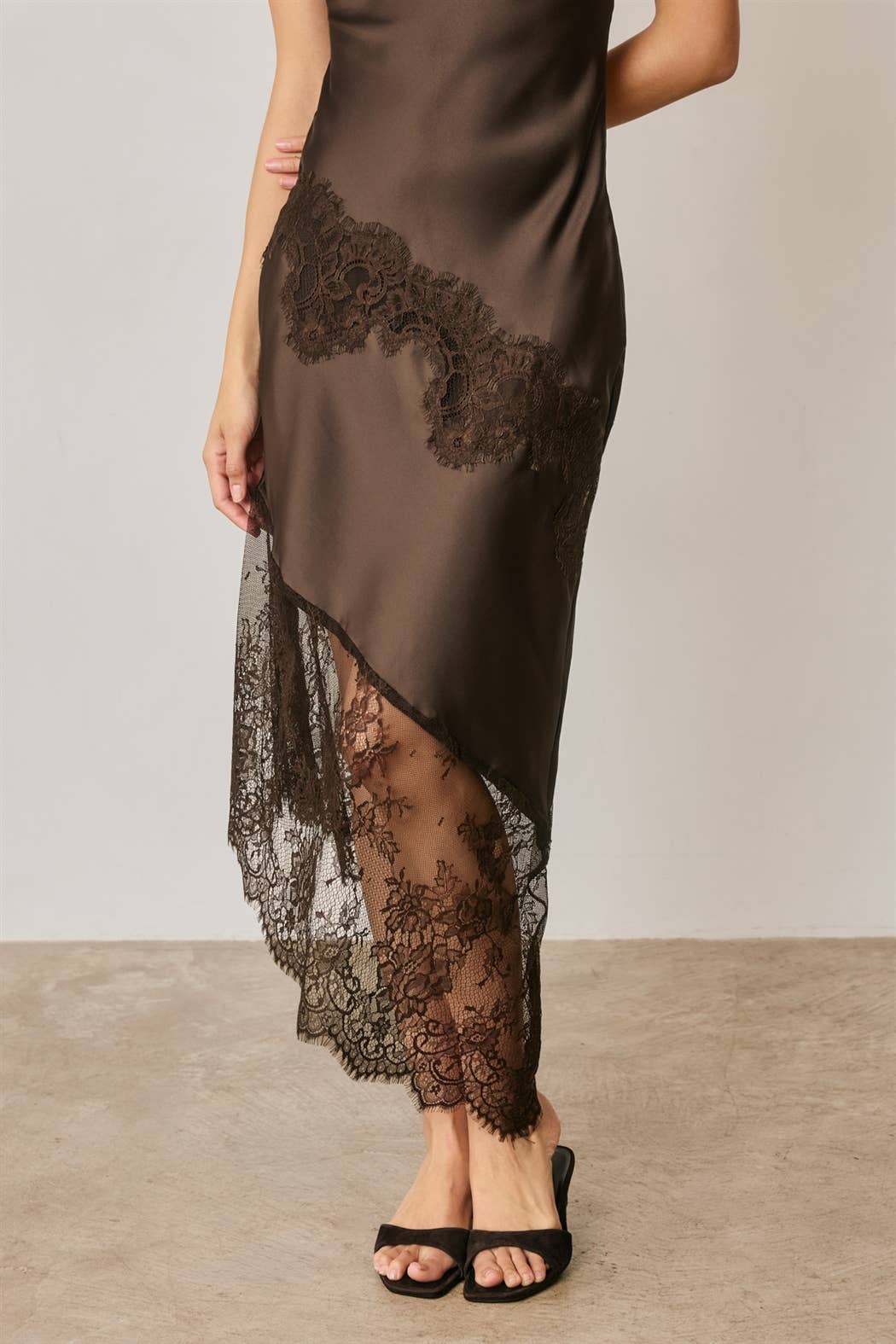 Asymmetrical Lace Trim Midi Slip Dress