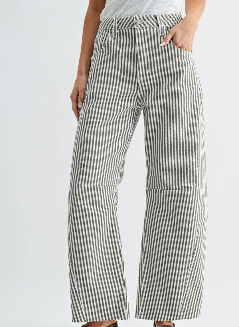 Olive Stripe Barrel Jeans|8123
