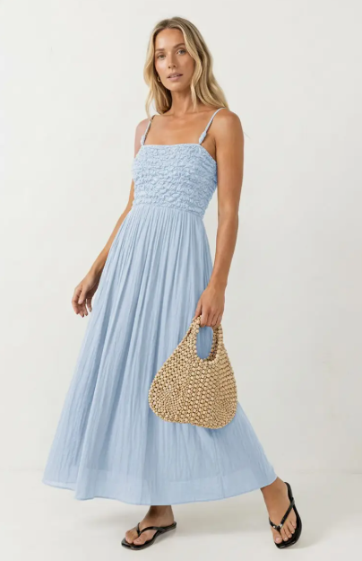 Light Blue Smocked Maxi w Cord Strap Detail|7521
