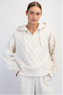 Quilted Quarter Zip Hoodie Bone|6927