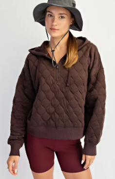 Quiled Quarter Zip Hoodie Espresso|6928