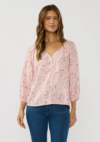 Raglan Pink Floral Puff Sleeve V Neck Top|7061