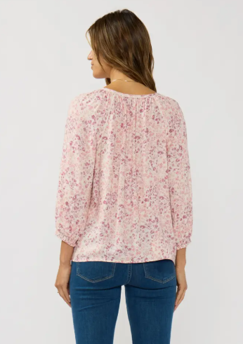 Raglan Pink Floral Puff Sleeve V Neck Top|7062