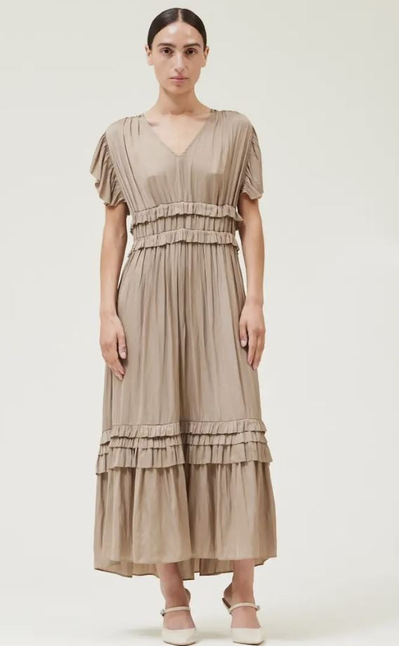 ruffle satin  v neck dress taupe|6289