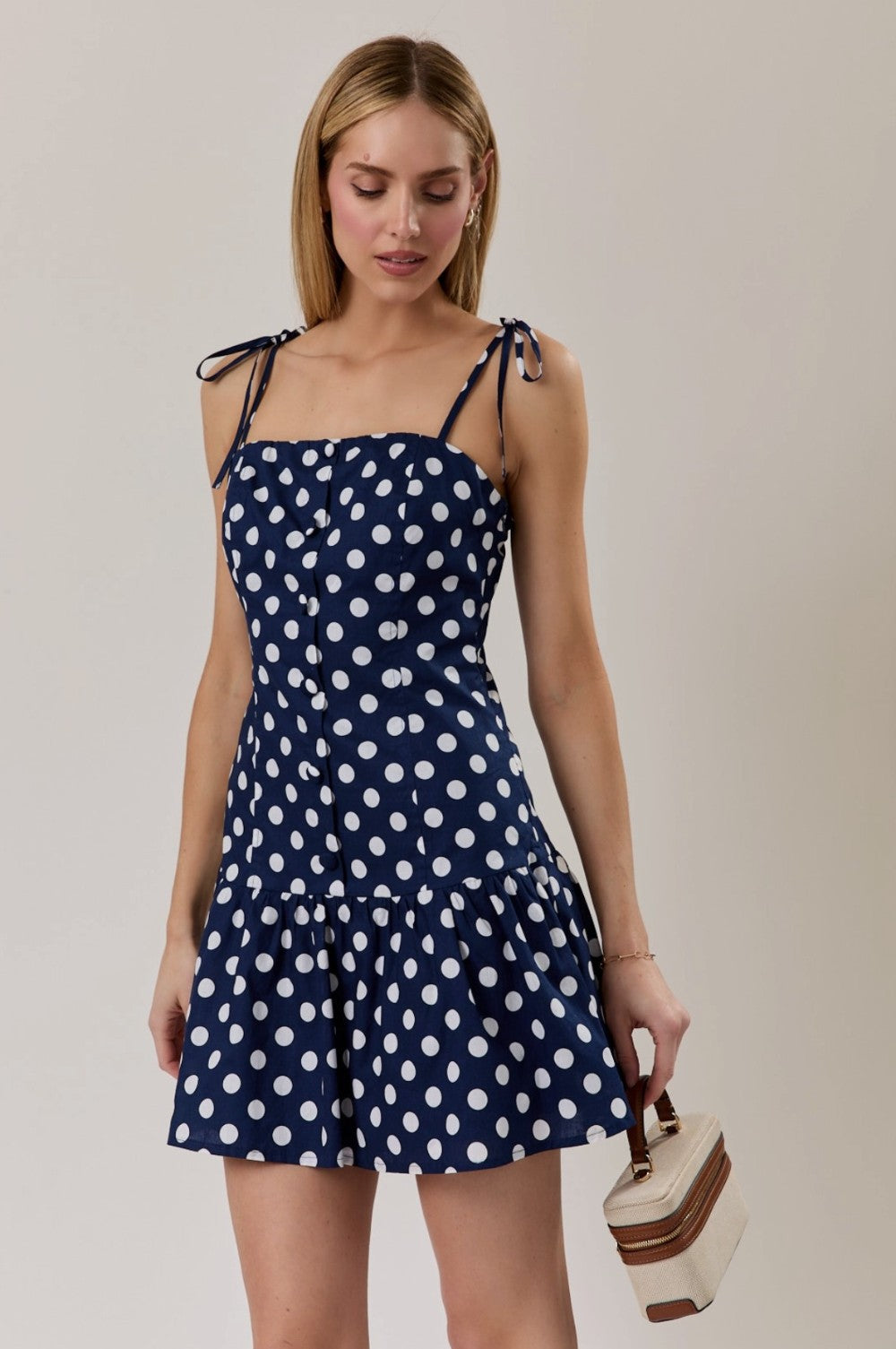 Button Detail Navy Polka Dot Mini Dress|7745